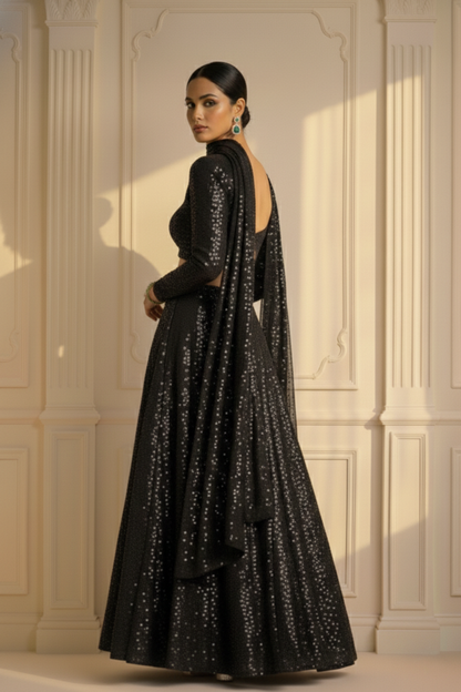 Dhiyona ST 3 pc Set -Black Glamour Sequin Lehenga with Dupatta with Blouse Fabric