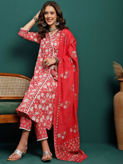 Dhiyona SN Women's Floral Printed Pure Cotton V Neck Straight Kurta With Trousers & Dupatta