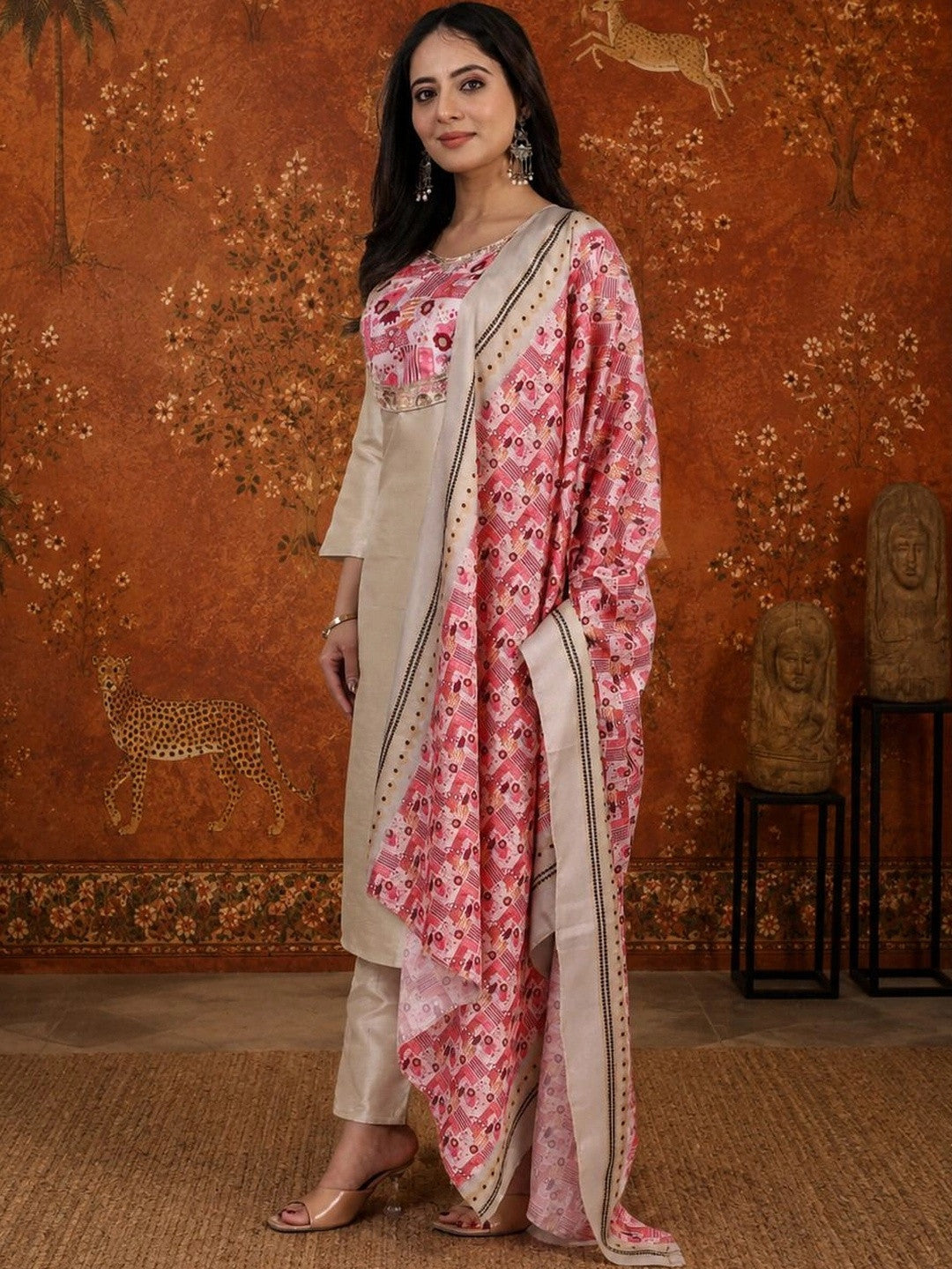 Women Ethnic Motifs Embroidered Regular Thread Work Kurta with Trousers & With Dupatta