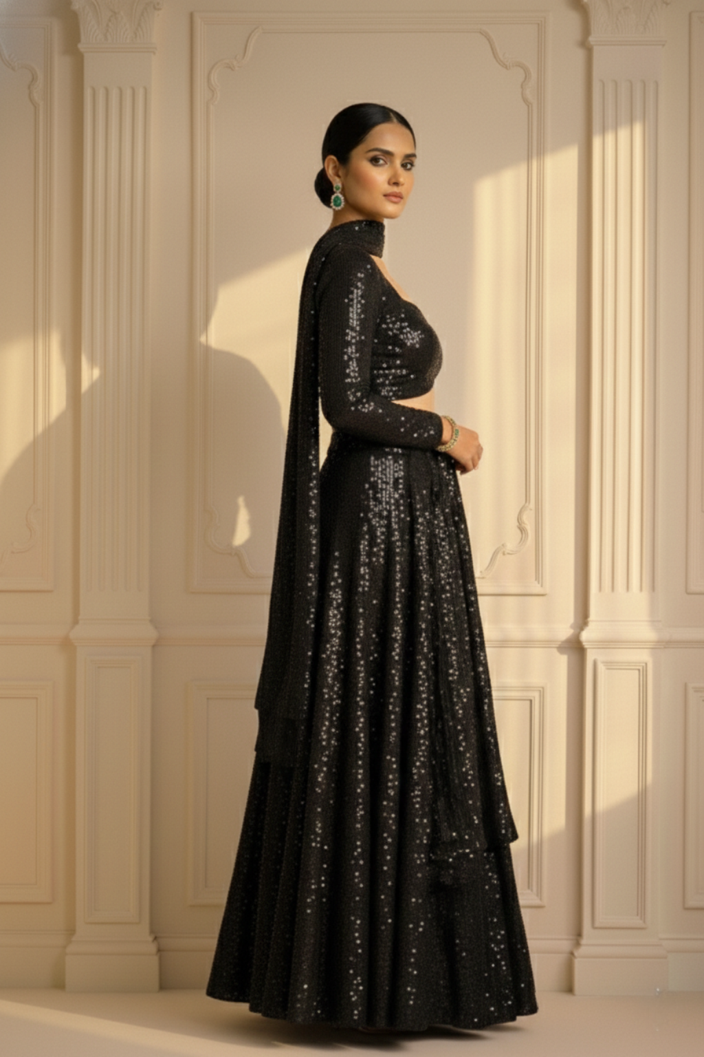 Dhiyona ST 3 pc Set -Black Glamour Sequin Lehenga with Dupatta with Blouse Fabric