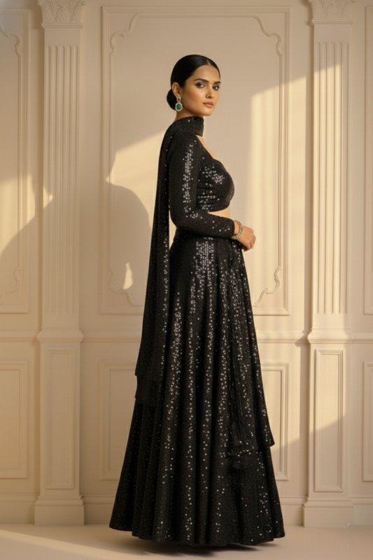 Dhiyona ST 3 pc Set -Black Glamour Sequin Lehenga with Dupatta with Blouse Fabric