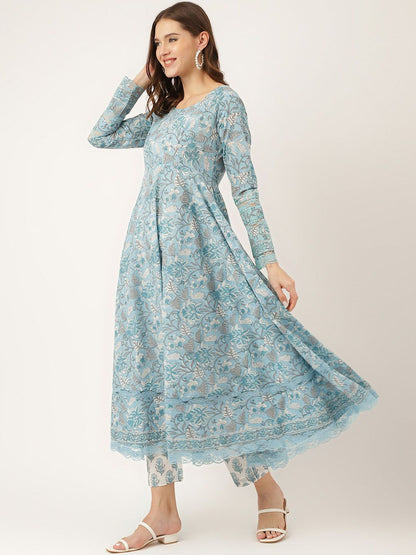 Dhiyona KL Floral Printed Pure Cotton Anarkali Kurta With Trousers & Dupatta