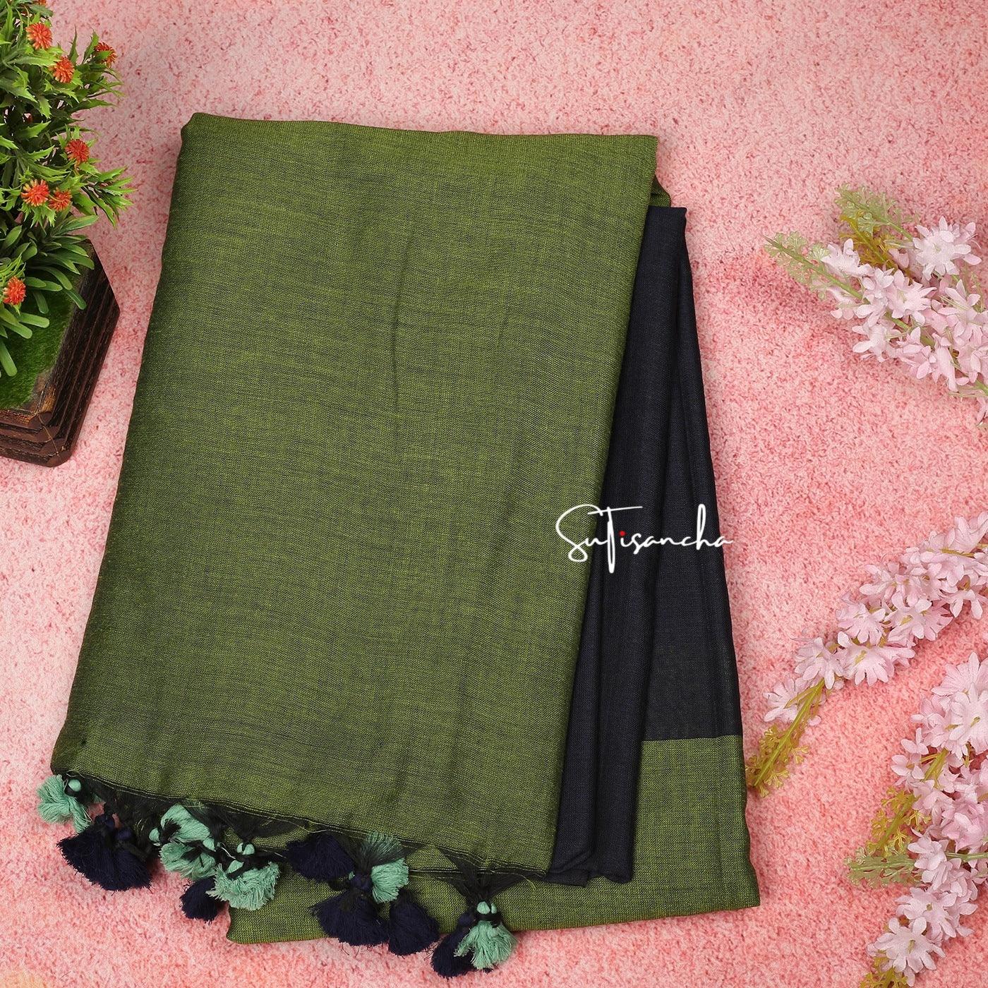 Dhiyona SS Sutisancha Mehndi Hand Woven Pure Cotton Dual Colour PomPom Saree