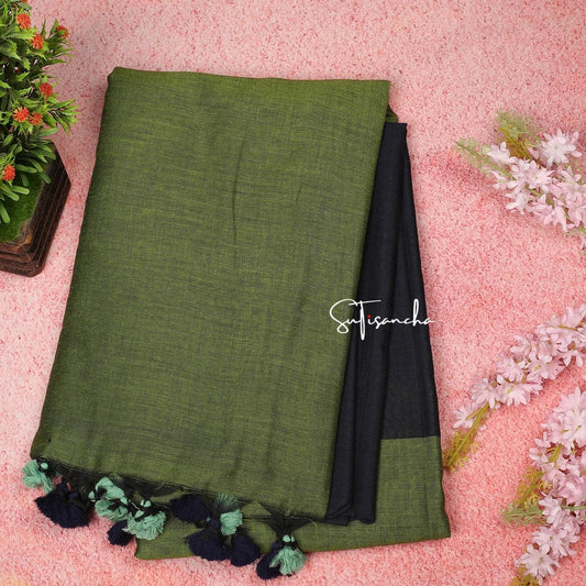Dhiyona SS Sutisancha Mehndi Hand Woven Pure Cotton Dual Colour PomPom Saree