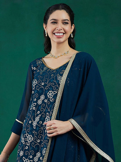 Dhiyona IE Floral Embroidered Regular Sequinned Kurta With Sharara & Dupatta