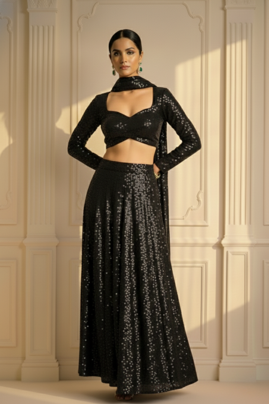 Dhiyona ST 3 pc Set -Black Glamour Sequin Lehenga with Dupatta with Blouse Fabric