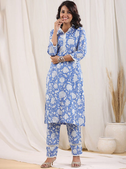 Dhiyona RR Women's Floral Printed V-Neck Regular Pure Cotton Kurta with Trousers
