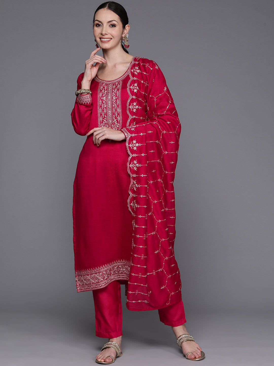 Ethnic Motifs Embroidered Sequinned Kurta with Trousers & Dupatta