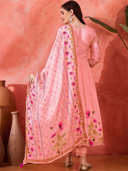 Dhiyona CH Women Floral Embroidered Anarkali Kurta with Trousers & Dupatta