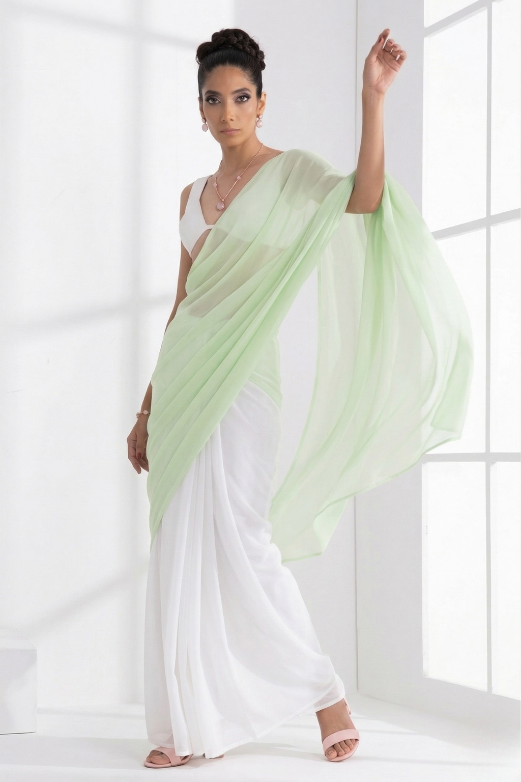 Dhiyona ST White and Sage Green Saree with Blouse Fabric