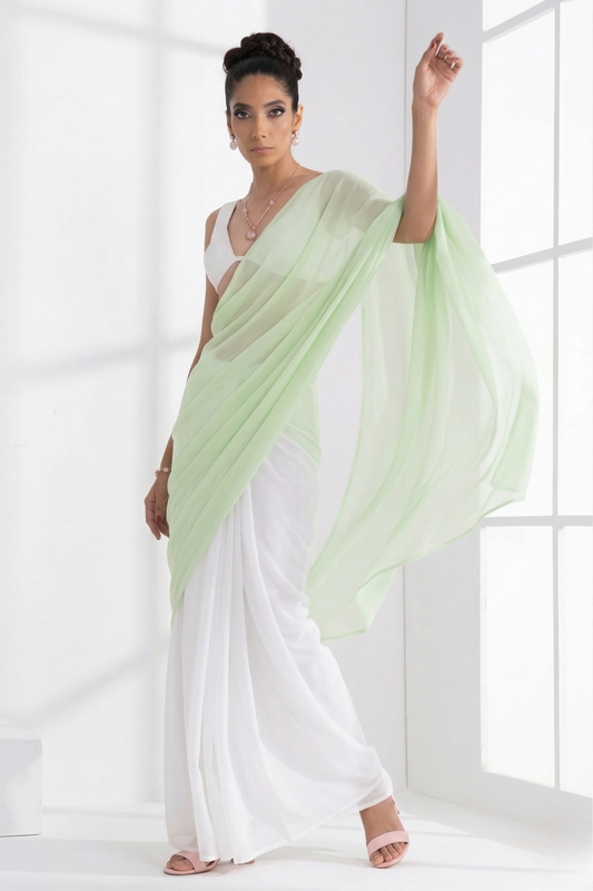 Dhiyona ST White and Sage Green Saree with Blouse Fabric