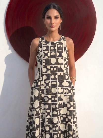 Dhiyona ST 2 pc SET - Black Cream Printed Linen Sleeveless Kurta and Pant