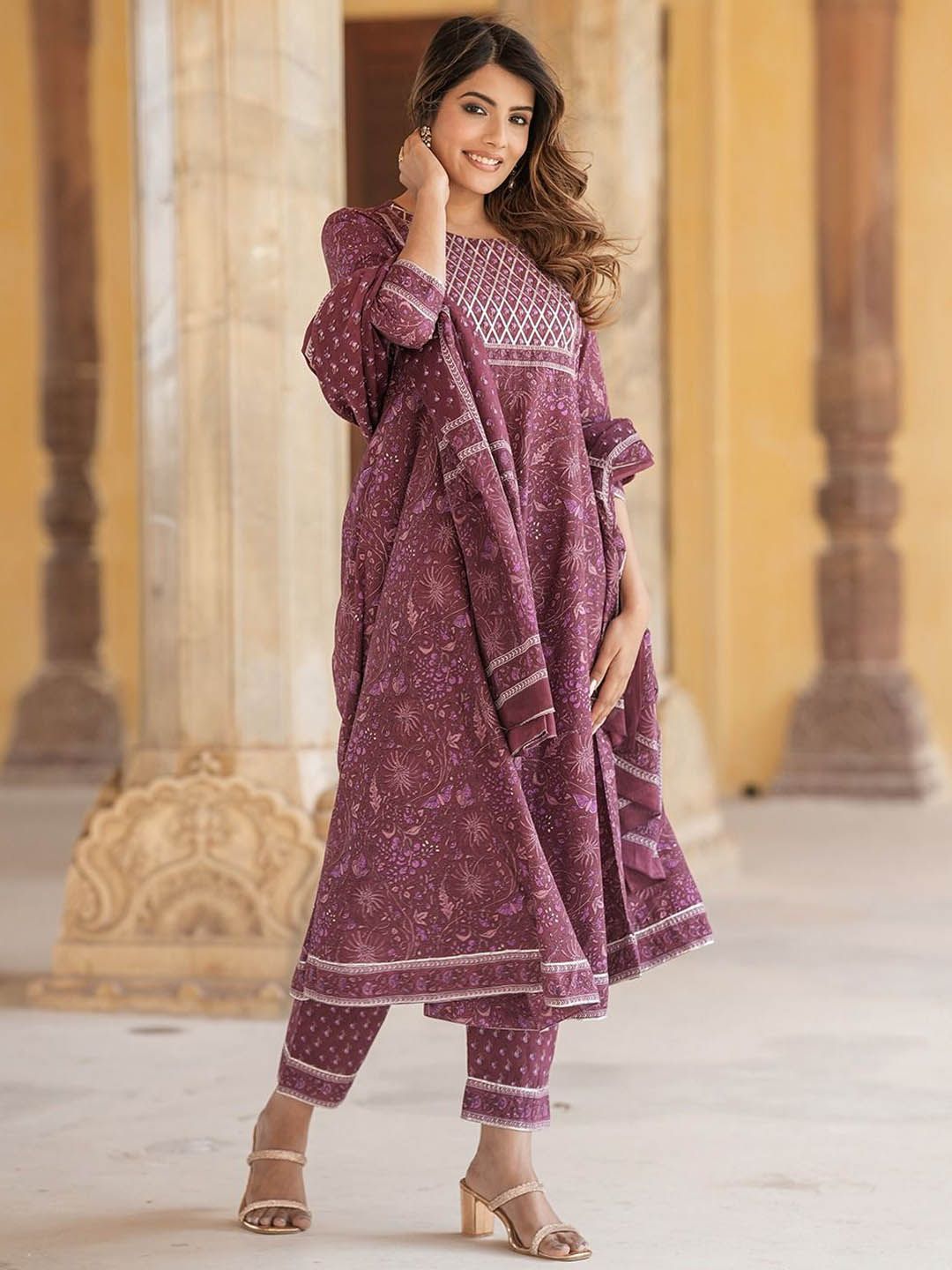 Dhiyona KL Ethnic Motifs Printed Pure Cotton Anarkali Kurta With Trousers & Dupatta