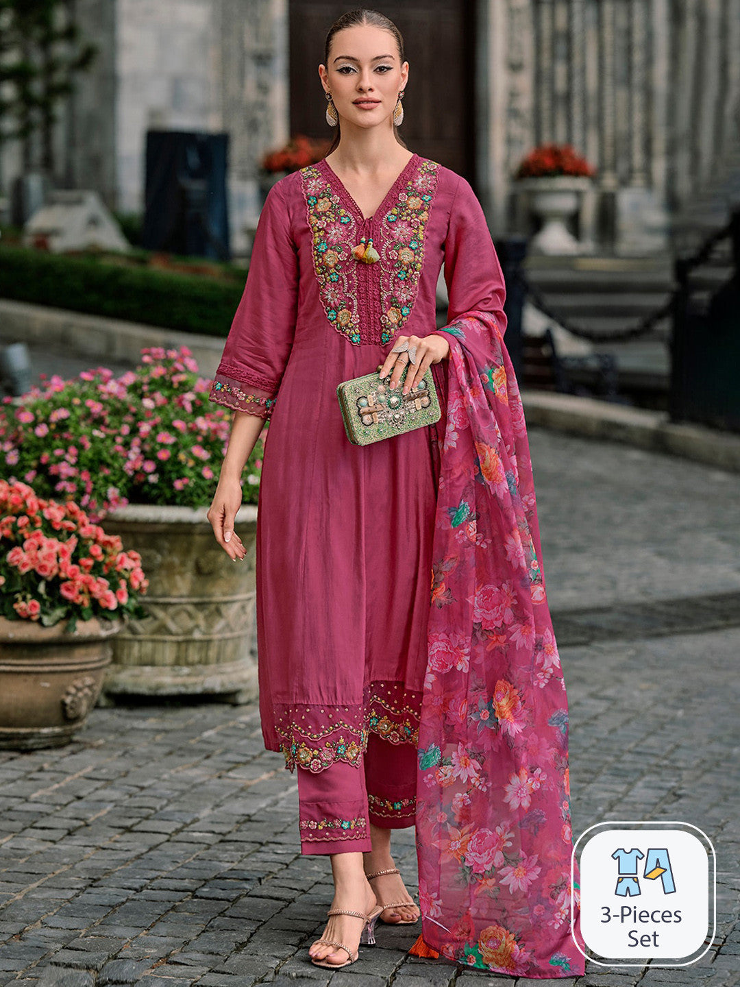 Floral Yoke Design Thread Work A-Line Kurta With Trousers & Dupatta