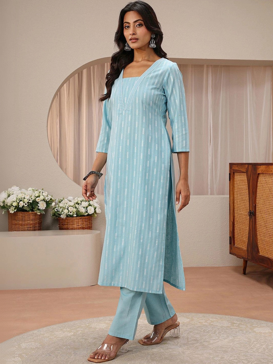 Libas Blue Striped Woven Design Straight Suit Set