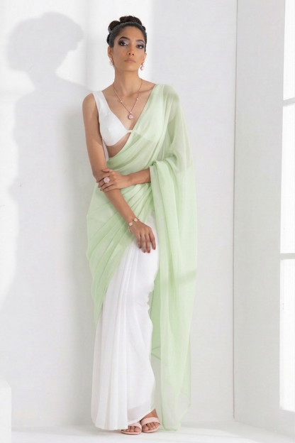 Dhiyona ST White and Sage Green Saree with Blouse Fabric