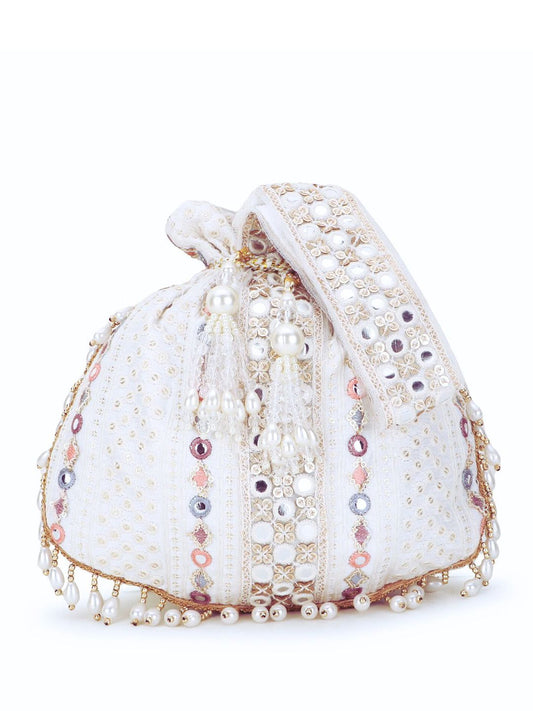 Dhiyona NR Off White & Purple Embellished Tasselled Potli Clutch
