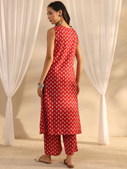 Maroon Floral Printed Cotton A-Line Kurta Set