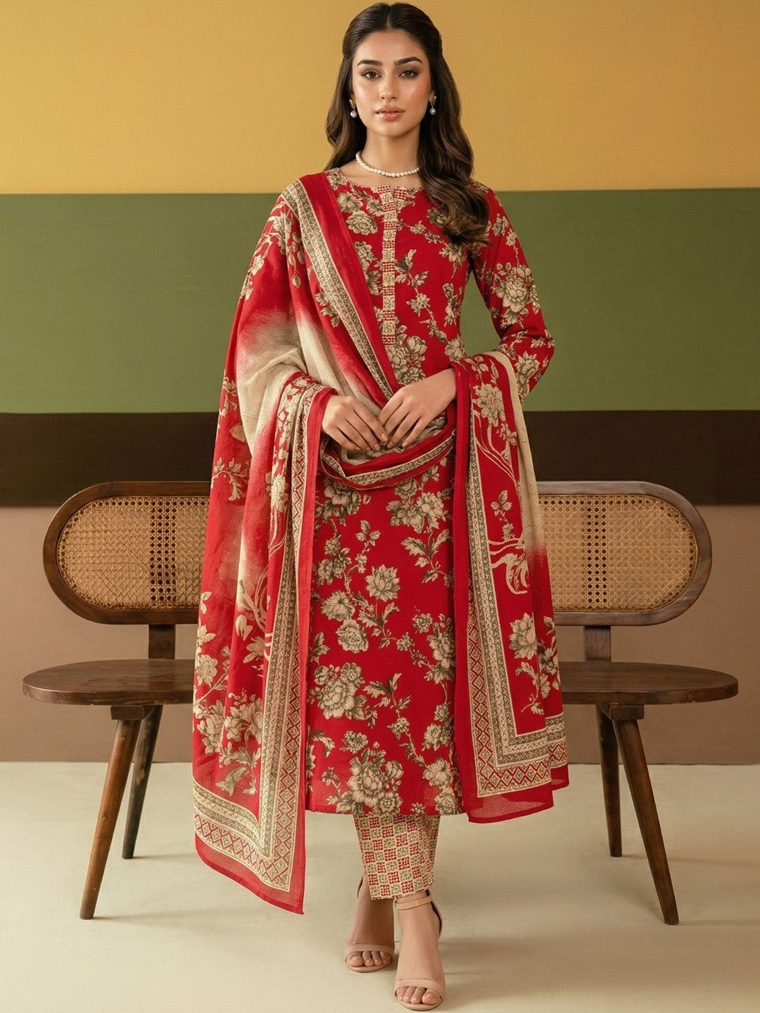 Printed Cotton Round Neck Kurta & Trousers With Dupatta