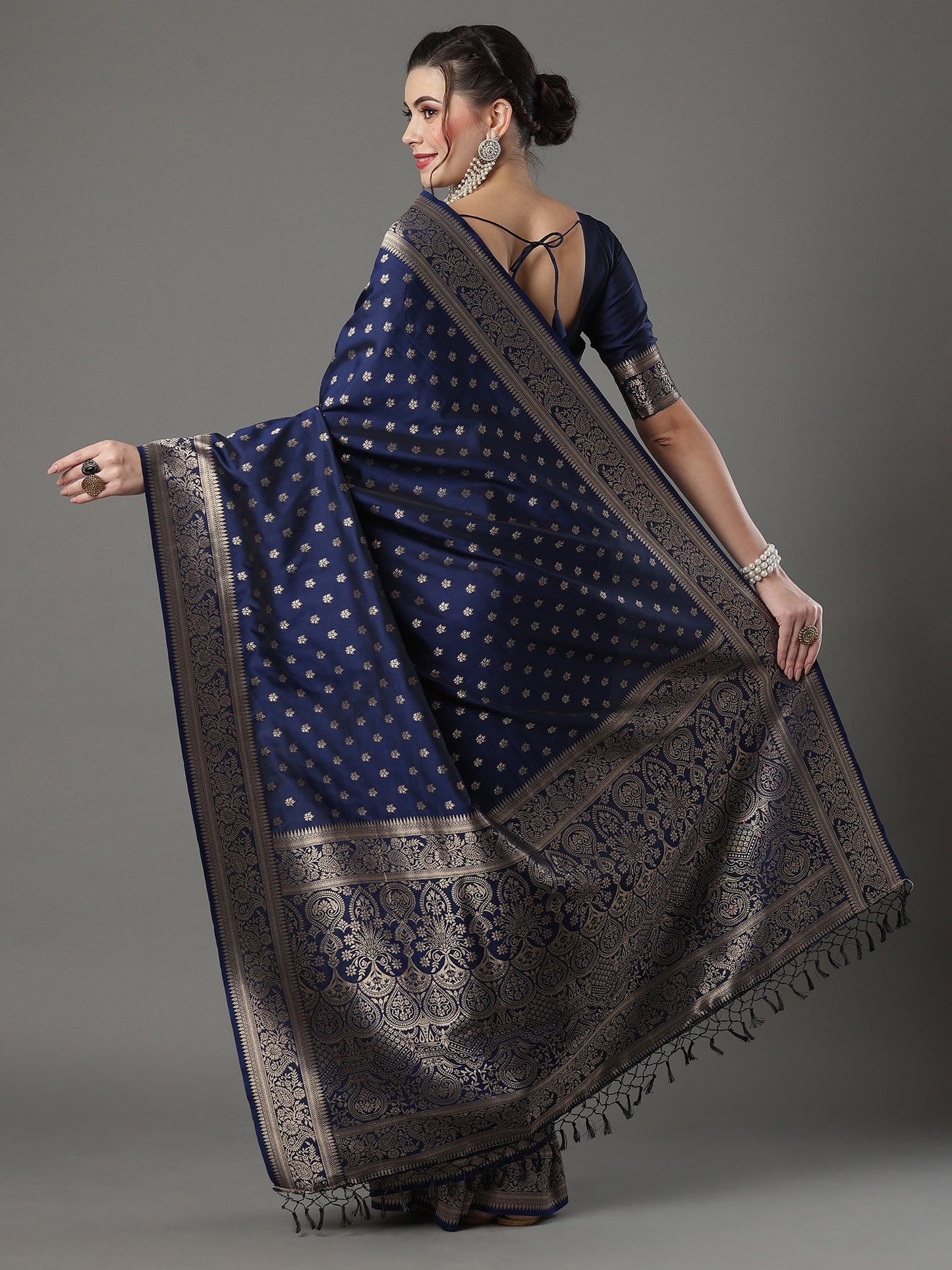 Women's Silk Blend Navy Blue Woven Design Designer Saree With Blouse Piece