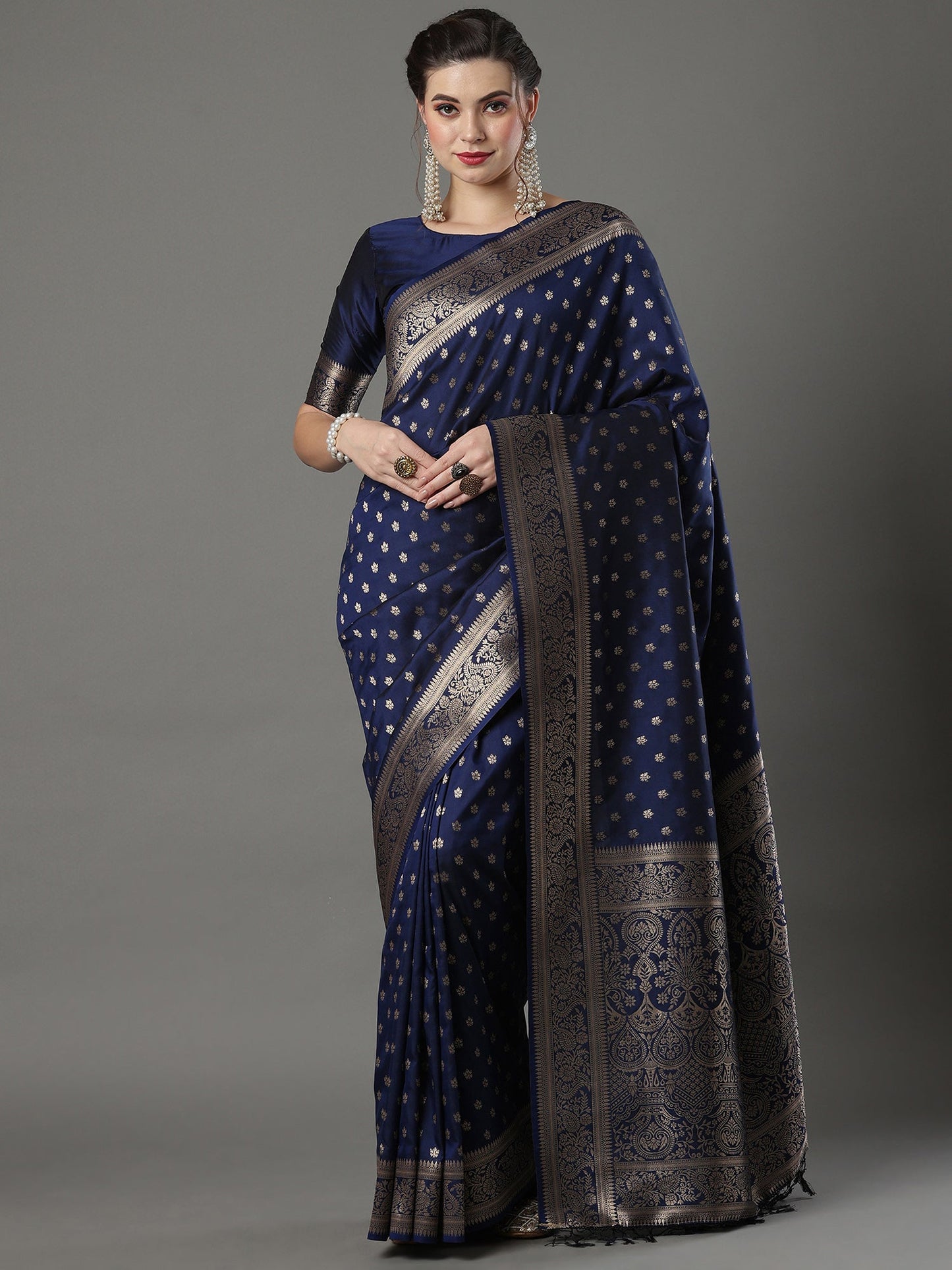 Women's Silk Blend Navy Blue Woven Design Designer Saree With Blouse Piece