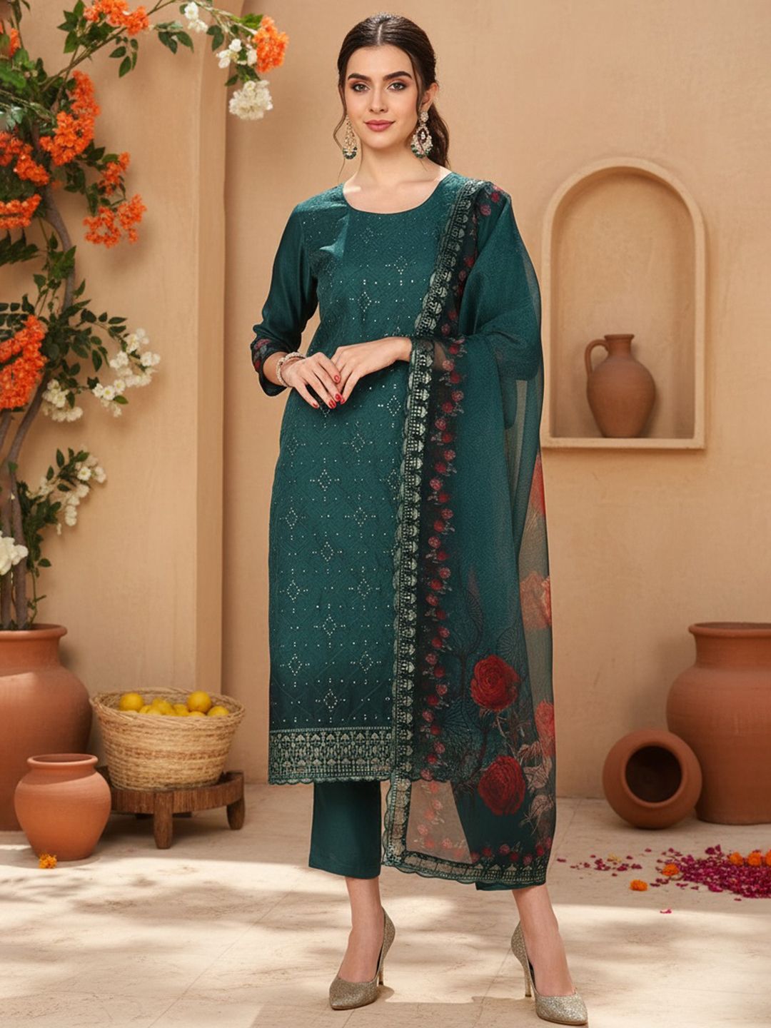 Dhiyona KL Ethnic Motifs Embroidered Regular Sequinned Kurta with Trousers & With Dupatta