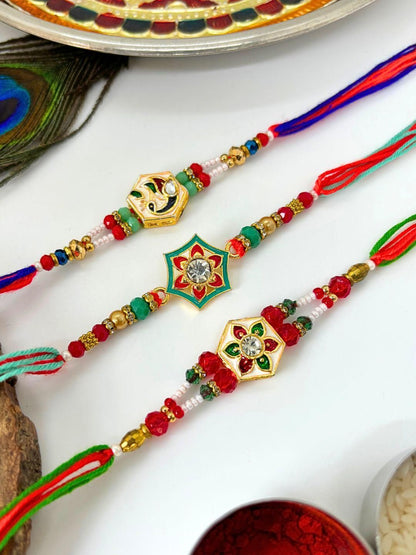 Dhiyona 3 pcs Meenakari Kundan Traditional Handmade Rakhi for Brother