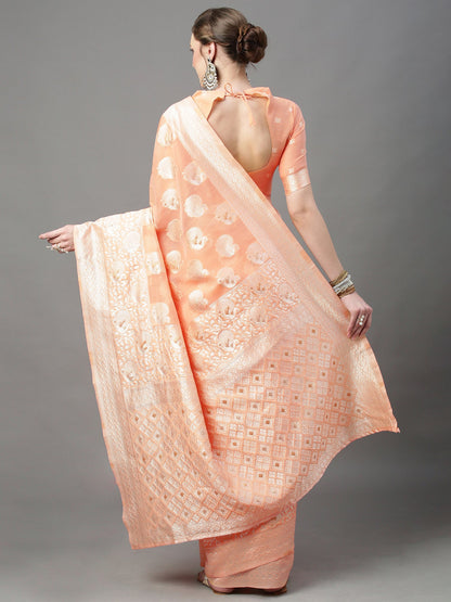 Women's Cotton Silk Peach Woven Design Woven saree With Blouse Piece