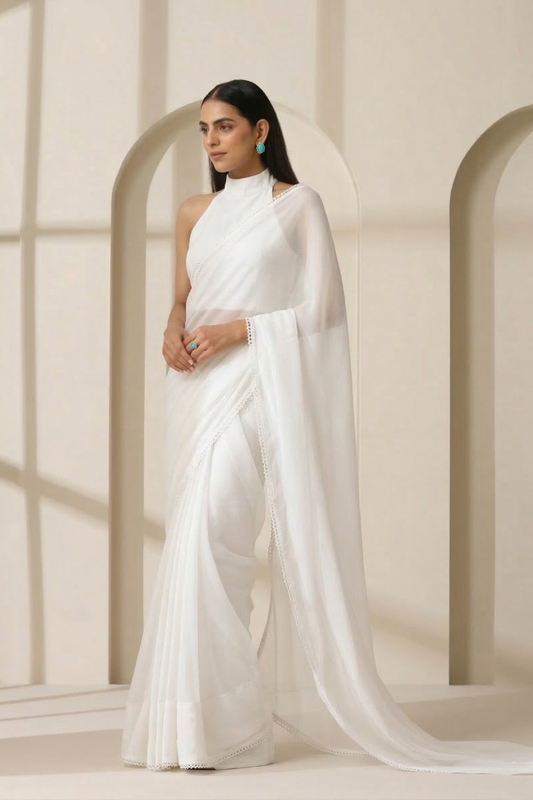 Dhiyona ST White Chiffon Saree with Lace and Blouse Fabric