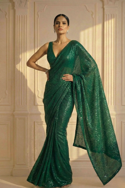 Dhiyona ST Emerald Green Knitted Sequin Saree with Blouse Fabric