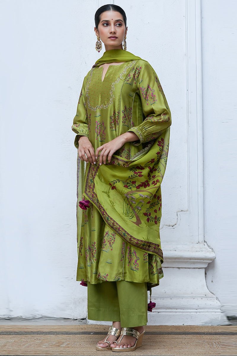 Women's Henna Green Raw Silk Salwar Suit With Organza Dupatta