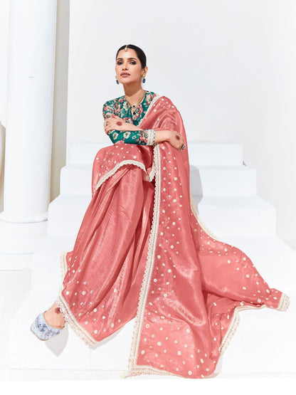 Dhiyona KM Women Pink Saree With Green Floral Blouse “ A Graceful Ethnic Ensemble
