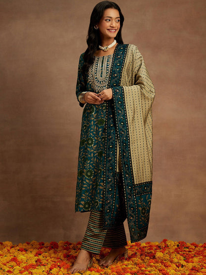 Floral Printed Regular Sequinned Kurta & Trousers With Dupatta