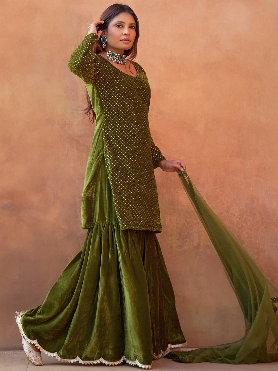 Embroidered Regular Sequinned Velvet Kurti with Sharara & Dupatta