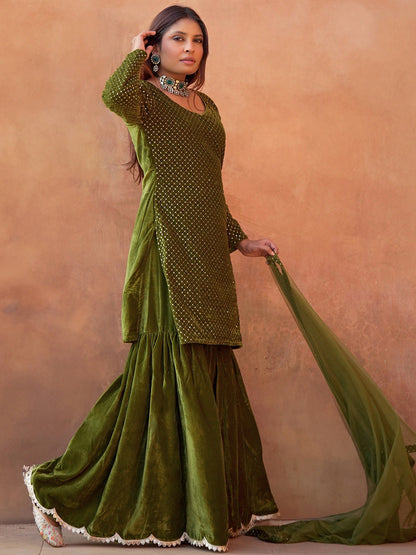Embroidered Regular Sequinned Velvet Kurti with Sharara & Dupatta