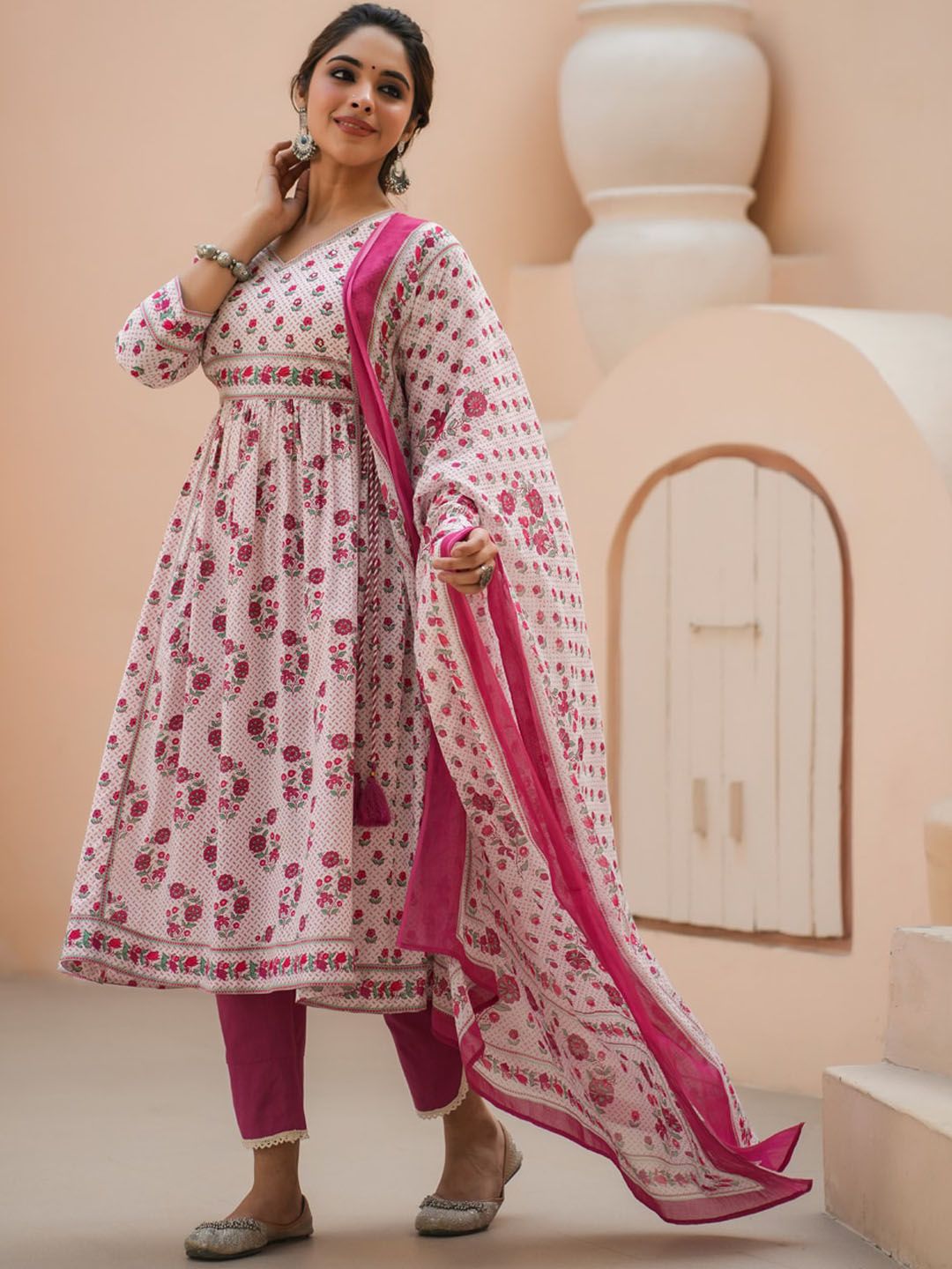 Dhiyona RR Women's Floral Printed Sequinned Pure Cotton A-Line Kurta With Trousers & Dupatta