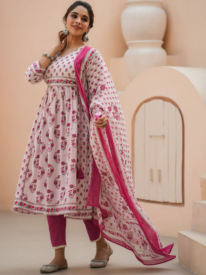 Dhiyona RR Women's Floral Printed Sequinned Pure Cotton A-Line Kurta With Trousers & Dupatta