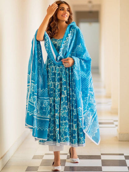 Dhiyona KL Floral Printed Scoop Neck Anarkali Kurta With Trousers & Dupatta