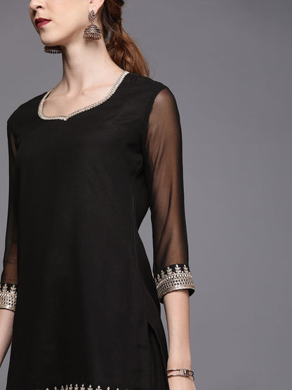 Dhiyona IN Women Black Georgette Kurti with Embroidered Sharara & Dupatta