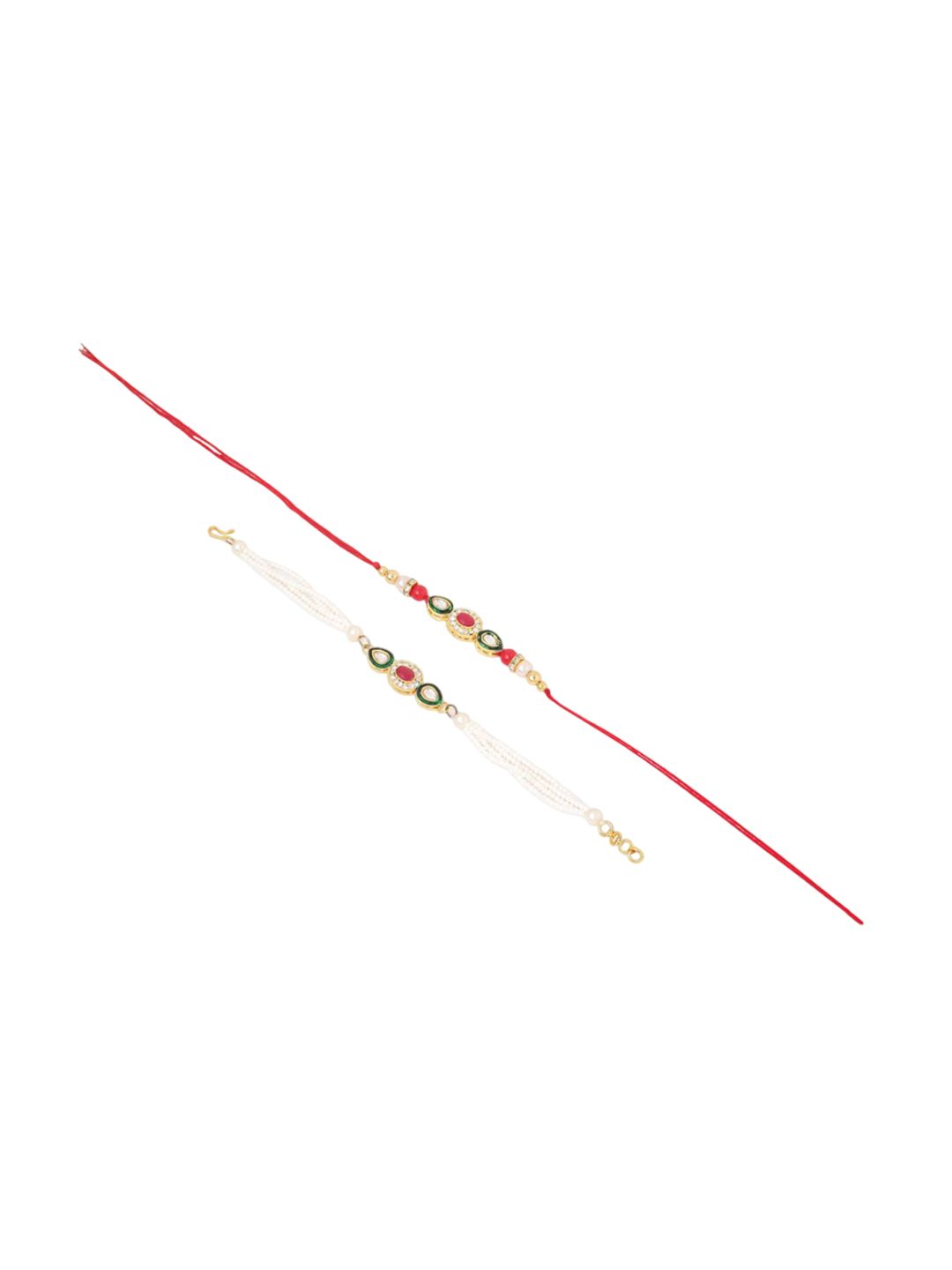 Dhiyona Set Of 2 Multicolor Oval Shape Kundan Studded & Beads Bhaiya Bhabhi Rakhi