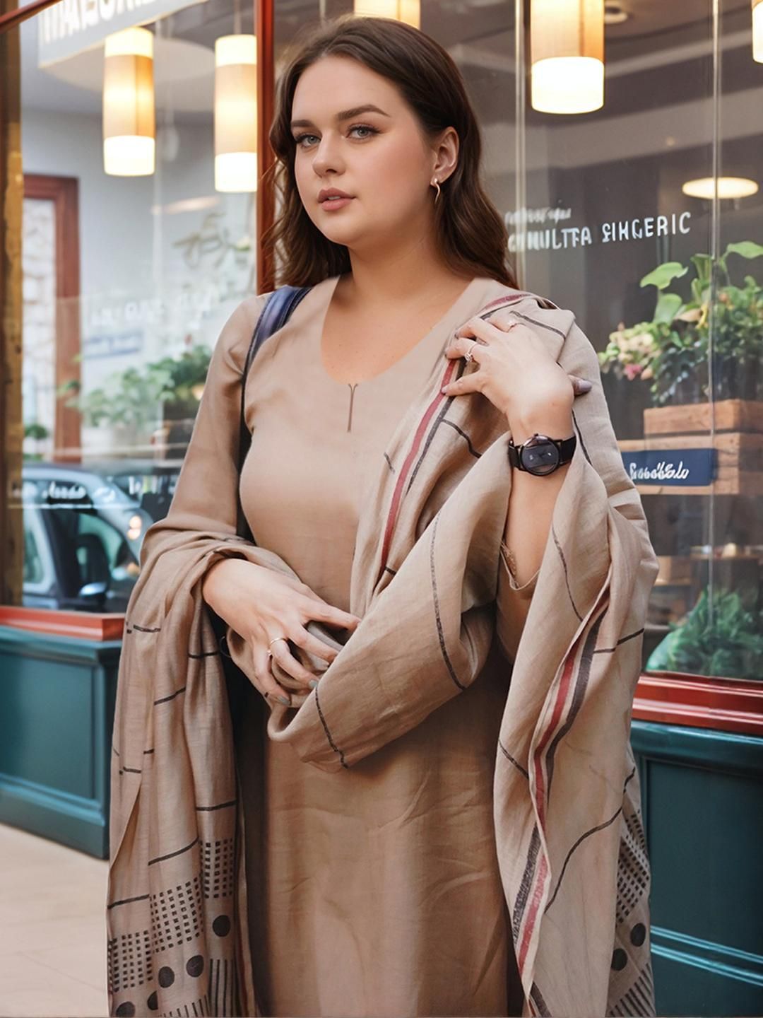 Dhiyona KL Women Beige Viscose Rayon Solid Kurta Sets