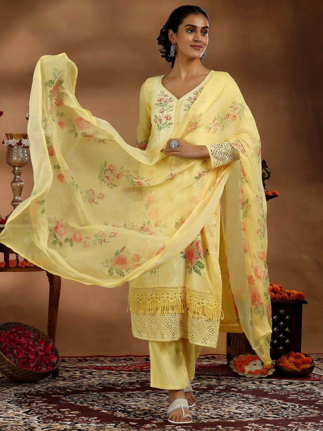 Women's LB Yellow Printed Silk Blend Straight Suit With Dupatta