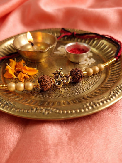 Dhiyona Om Design Rudraksh Thread Rakhi With Roli Chawal Chandan Mishri