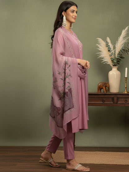 Embroidered V-Neck Kurta & Trousers Kurta Sets