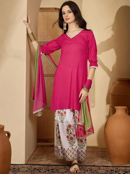 Polka Dots Printed Bell Sleeves Straight Kurta With Sharara & Dupatta