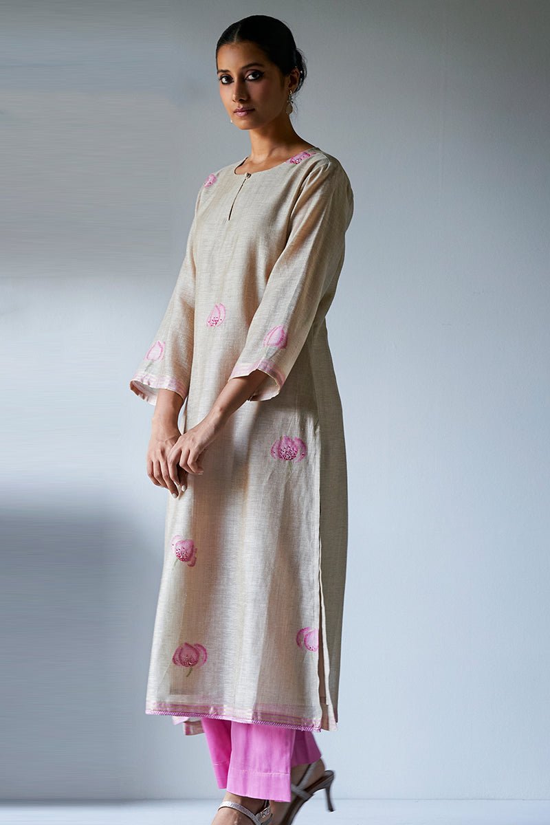 Women's Beige and Pink Woven Kurta Suit Set With Delicate Hand Work Detailing