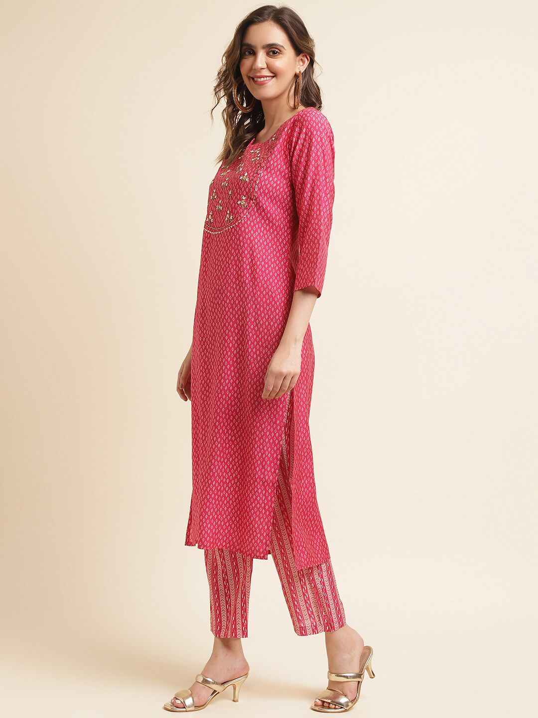 Dhiyona IS Women's Pink Printed Regular Sequinned Kurta with Trousers & Dupatta