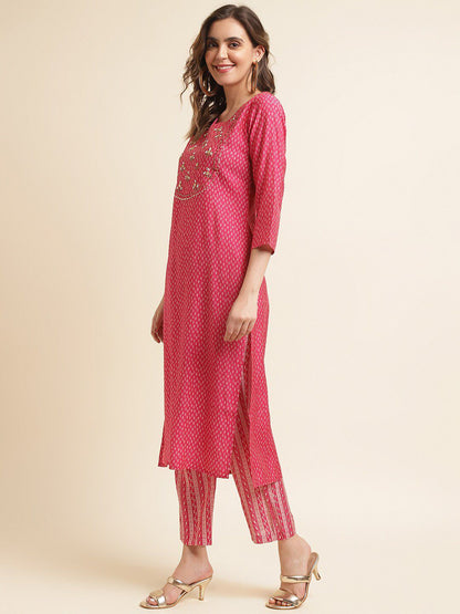 Dhiyona IS Women's Pink Printed Regular Sequinned Kurta with Trousers & Dupatta