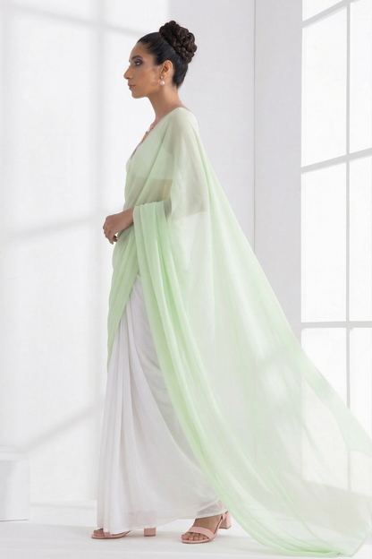 Dhiyona ST White and Sage Green Saree with Blouse Fabric