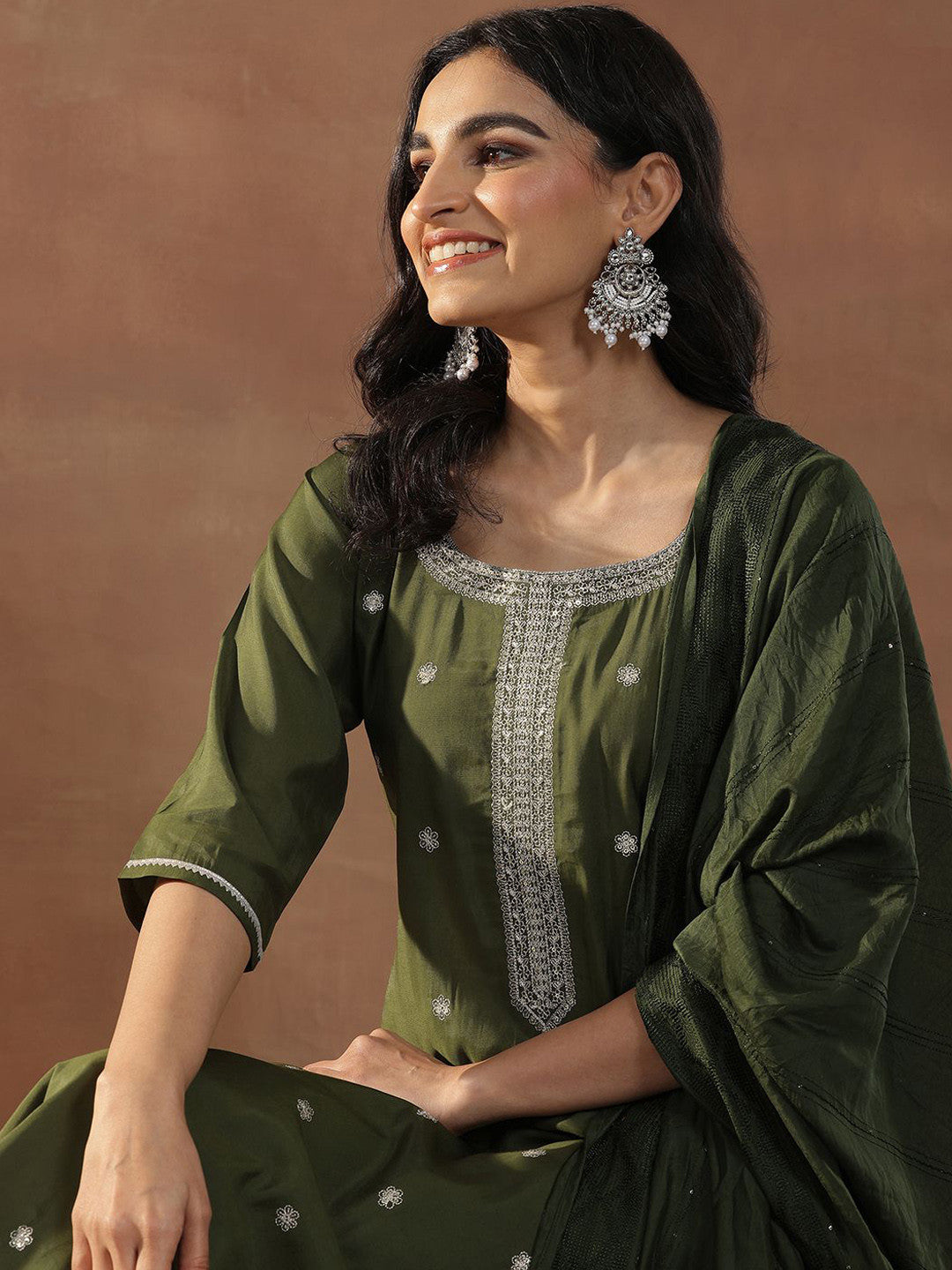 Olive Green Floral Embroidered Sequinned Straight Kurta With Trousers & Dupatta